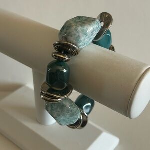 Vintage Speckled Teal & Green Chunky Lucite & Silver Beads Beaded Bracelet